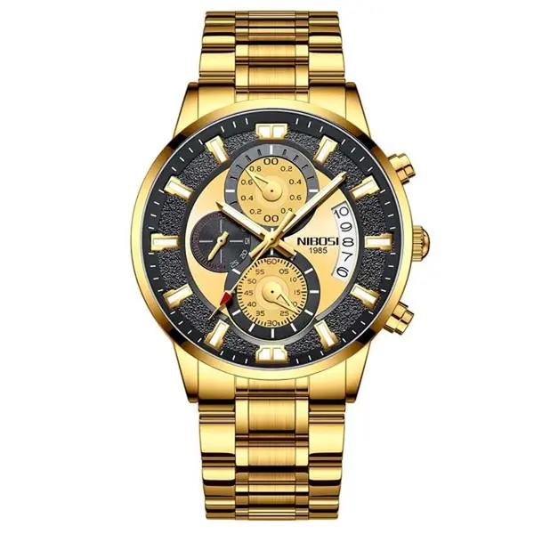 Nibosi 2382 Luxury Stainless Steel Waterproof Men's Watch – Dial Color: Gold, Strap Color: Gold – View 1