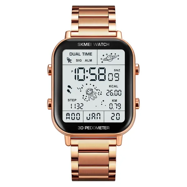 SKMEI 1888 Stainless Steel Calorie Mileage Digital Sporty Men's Watch – Dial Color: White, Strap Color: Rose – View 1