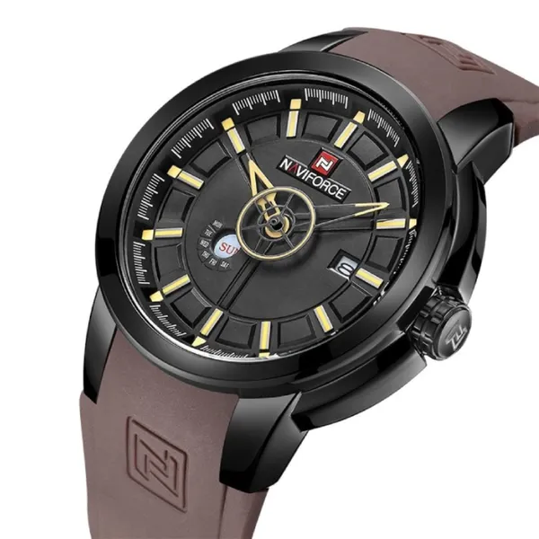 NAVIFORCE 9107 Luxury Brand Military Quartz Analog Sports Men's Watch – Dial Color: Black, Strap Color:  Brown  – View 2