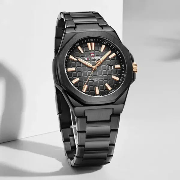 Naviforce NF9258 Stainless Steel Strap Water Resistant Analog Men Wristwatch – Dial Color: Black, Strap Color: Black – View 2