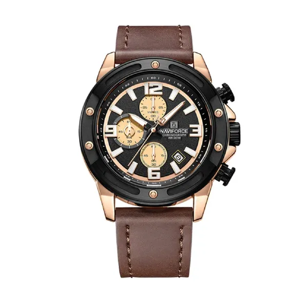 Naviforce 8074 Leather Strap Luminous Chronograph Men Quartz Wristwatch – Dial Color: Brown, Strap Color: Brown – View 1