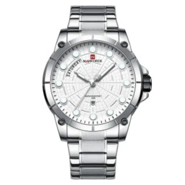 NAVIFORCE 9152 Luxury Brand Stainless Steel Quartz Man's Watch – Dial Color: Silver, Strap Color: Silver – View 1