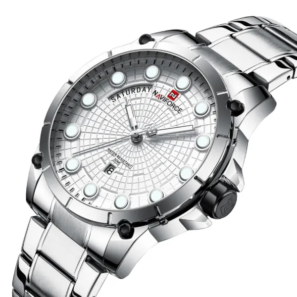 NAVIFORCE 9152 Luxury Brand Stainless Steel Quartz Man's Watch – Dial Color: Silver, Strap Color: Silver – View 2