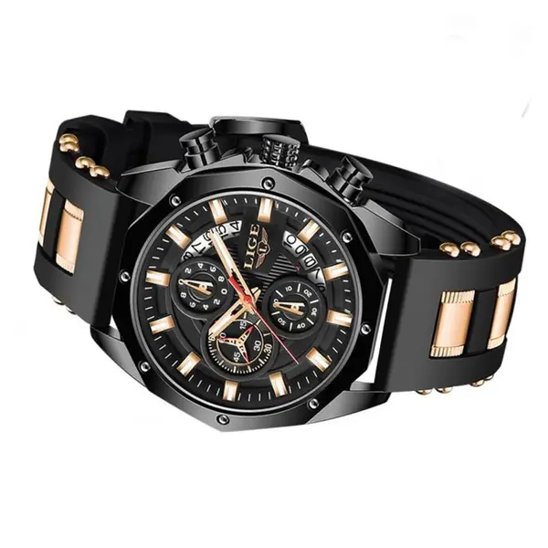 LIGE 8908 Analog Movement Premium Silicone Strap Men's Sports Watch – Dial Color: Black, Strap Color: Black – View 3