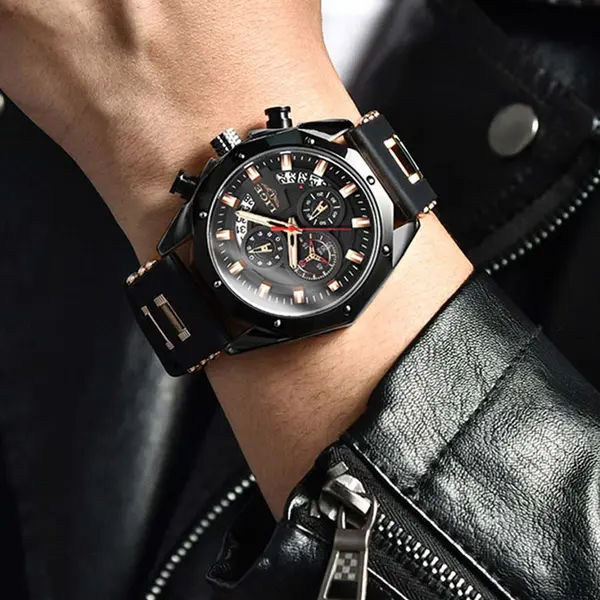 LIGE 8908 Analog Movement Premium Silicone Strap Men's Sports Watch – Dial Color: Black, Strap Color: Black – View 4