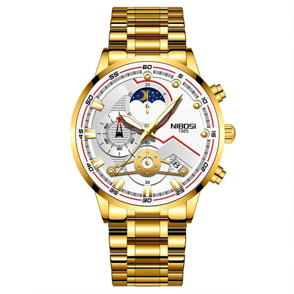 Nibosi 2503 High Quality Stainless Steel Multifunctional Classic Men's Watch – Dial Color: White, Strap Color: Gold – View 1