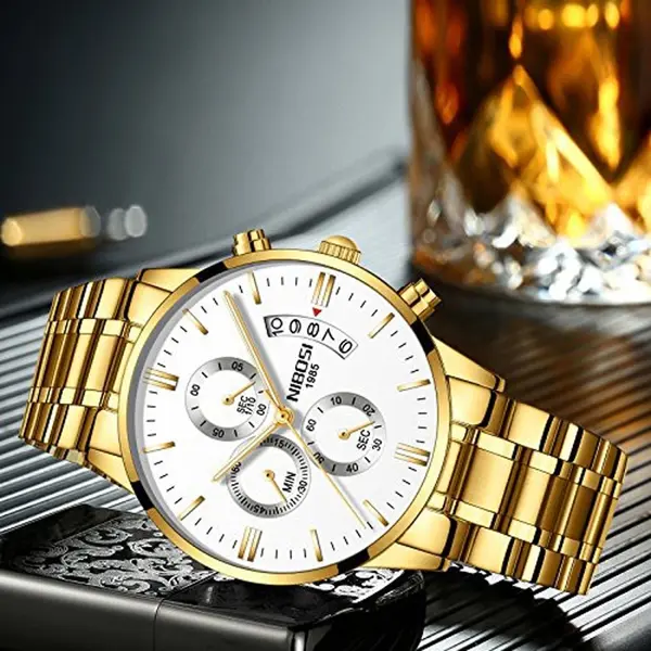 Nibosi 2309 Stainless Steel Multifunctional Classical Men's Watch – Dial Color: White, Strap Color: Gold  – View 4