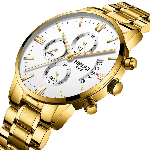 Nibosi 2309 Stainless Steel Multifunctional Classical Men's Watch – Dial Color: White, Strap Color: Gold  – View 3