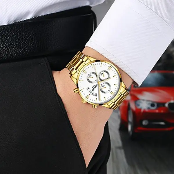 Nibosi 2309 Stainless Steel Multifunctional Classical Men's Watch – Dial Color: White, Strap Color: Gold  – View 6