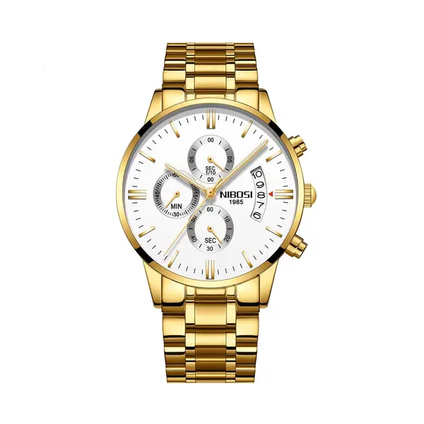 Nibosi 2309 Stainless Steel Multifunctional Classical Men's Watch – Dial Color: White, Strap Color: Gold  – View 1