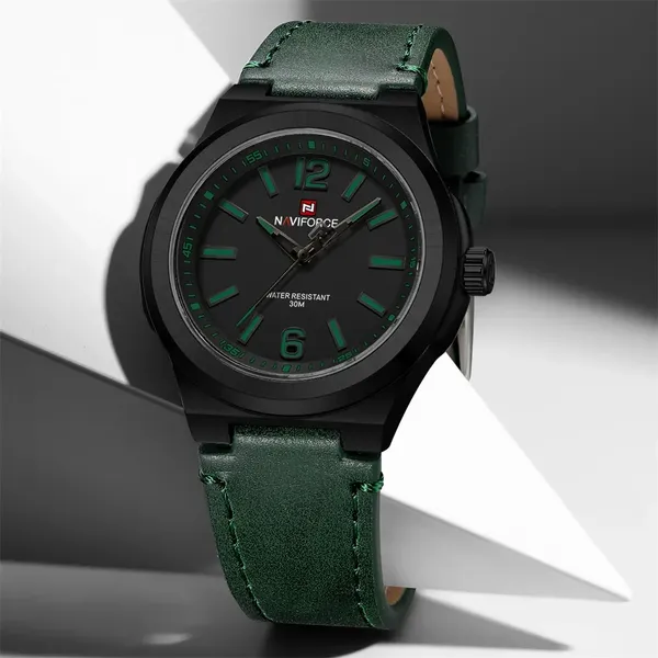 NAVIFORCE NF9233 Genuine Leather Strap Quartz Comfortable Men's Watch – Dial Color: Green, Strap Color: Green – View 2