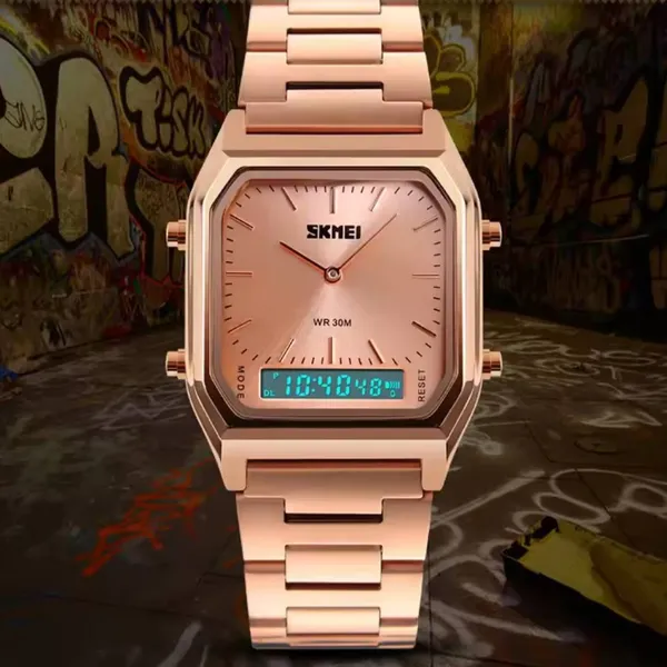 Skmei 1220 Stianless Steel Dual Display Digital Men's Watch – Dial Color: Rose, Strap Color: Rose – View 3