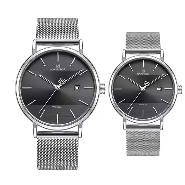 Naviforce NF3008 High Quality Stainless Steel Classic Quartz Fashion Couple's Watch – Dial Color: Black, Strap Color: Silver – View 1
