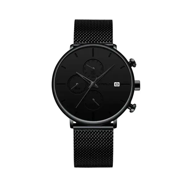 CRRJU 2268 Luxury Black Mesh Steel Band Chronograph Casual Fashion Men’s Watch – Dial Color: Black, Strap Color: Black – View 1