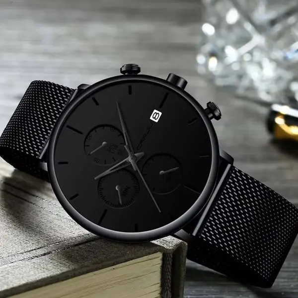 CRRJU 2268 Luxury Black Mesh Steel Band Chronograph Casual Fashion Men’s Watch – Dial Color: Black, Strap Color: Black – View 3