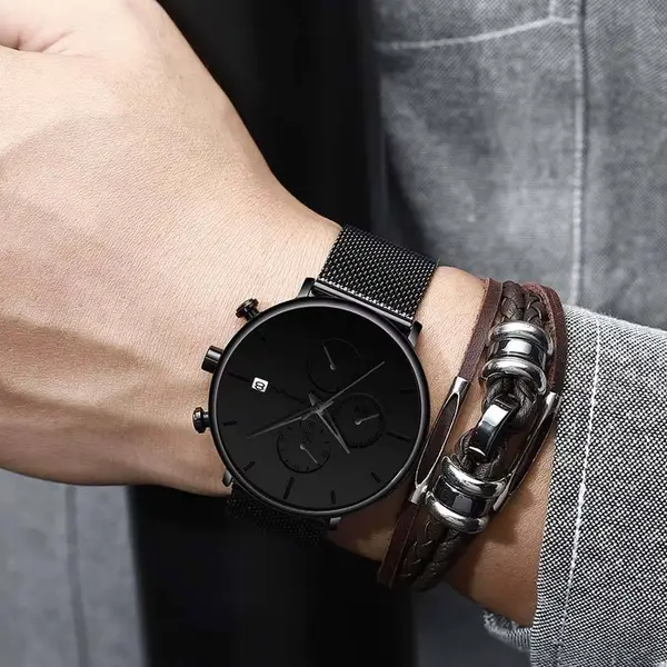 CRRJU 2268 Luxury Black Mesh Steel Band Chronograph Casual Fashion Men’s Watch – Dial Color: Black, Strap Color: Black – View 4