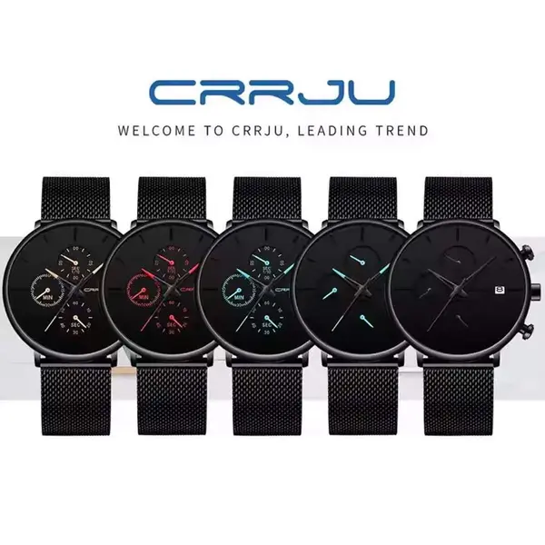 CRRJU 2268 Luxury Black Mesh Steel Band Chronograph Casual Fashion Men’s Watch – Dial Color: Black, Strap Color: Black – View 5
