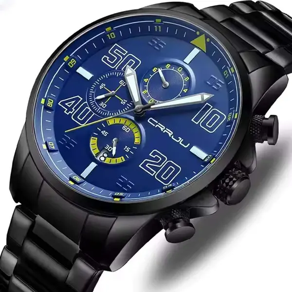 CRRJU 2307 Stainless Steel Multifunction Masterpiece Classic Chrono Men's Watch – Dial Color: Blue, Strap Color: Black – View 2