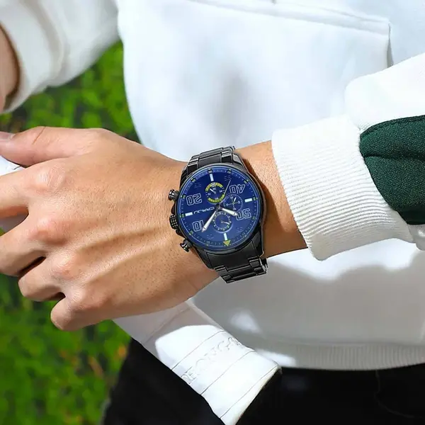 CRRJU 2307 Stainless Steel Multifunction Masterpiece Classic Chrono Men's Watch – Dial Color: Blue, Strap Color: Black – View 4