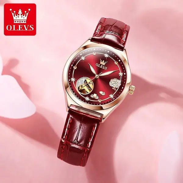 OLEVS 6601 Luxury Diamond Rose Waterproof Women's Hollow Mechanical Watch – Dial Color: Red, Strap Color: Red – View 2