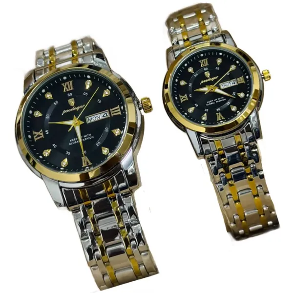 Poedagar 936 Couple Watch - Black Silver With Premium Box – Dial Color: Black, Strap Color: Silver – View 2