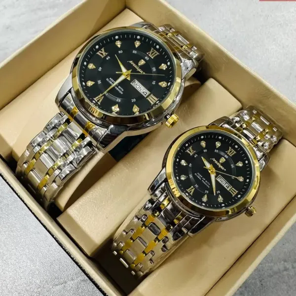 Poedagar 936 Couple Watch - Black Silver With Premium Box – Dial Color: Black, Strap Color: Silver – View 4