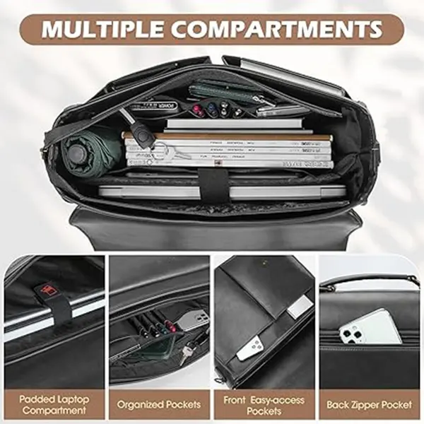 RAINSMORE Men Vintage Leather Waterproof Multicategory Office Bag – Color: Black – View 2