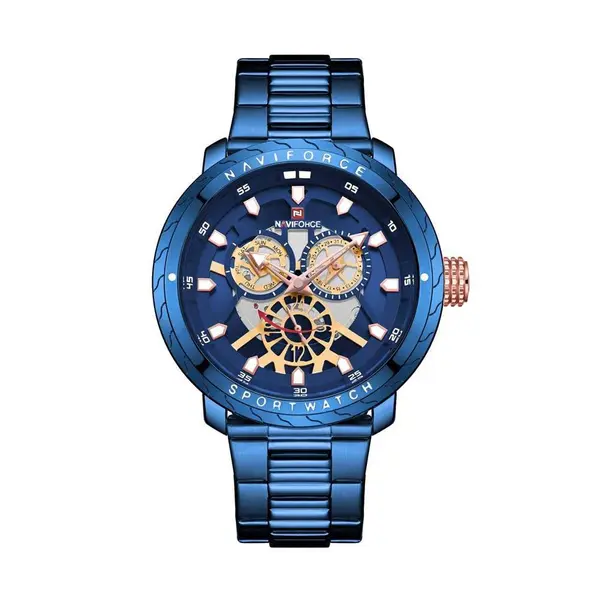 Naviforce NF9158 Luxury Stainless Steel Multifunctional Quartz Men's Watch – Dial Color: Blue, Strap Color: Blue – View 1