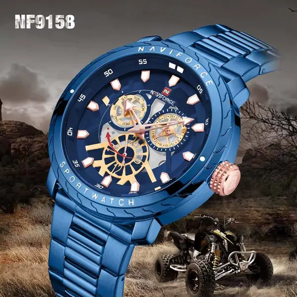 Naviforce NF9158 Luxury Stainless Steel Multifunctional Quartz Men's Watch – Dial Color: Blue, Strap Color: Blue – View 5