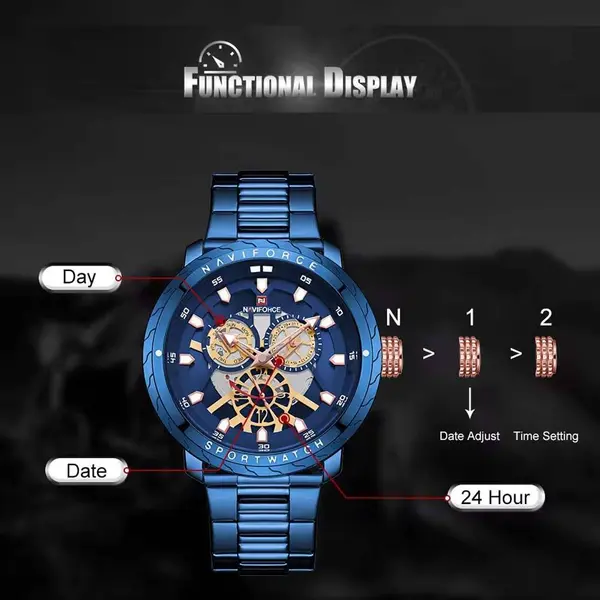 Naviforce NF9158 Luxury Stainless Steel Multifunctional Quartz Men's Watch – Dial Color: Blue, Strap Color: Blue – View 6