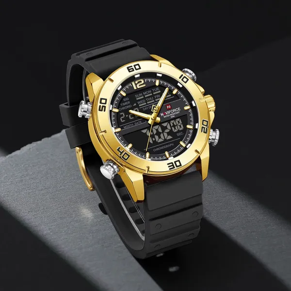 Naviforce 9253-T Stainless Steel Case Luminescent Men's Sports Analog Watch – Dial Color: Gold, Strap Color: Black – View 2