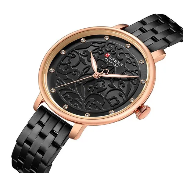 CURREN 9046 Stainless Steel Analog Watch For Women – Dial Color: Black, Strap Color: Black – View 2