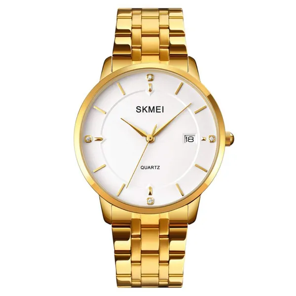 SKMEI 1801 Stainless Steel Classic Quartz Men's Watch – Dial Color: White, Strap Color: Gold – View 1