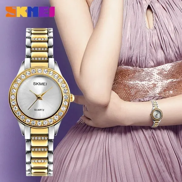 SKMEI 1262 Women Stainless Steel Strap Quartz Watch – Dial Color: Silver, Strap Color: Gold  – View 3