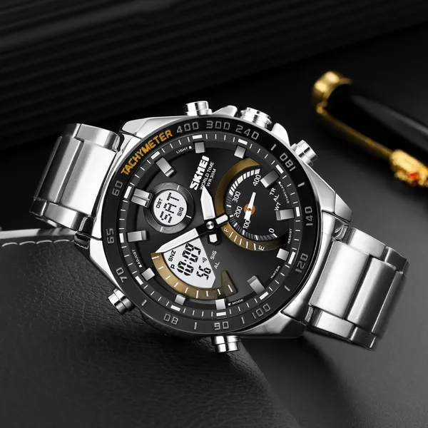 Skmei 1889 Dual Display Chronograph Stainless Steel Men's Watch – Dial Color: Brown, Strap Color: Silver – View 4