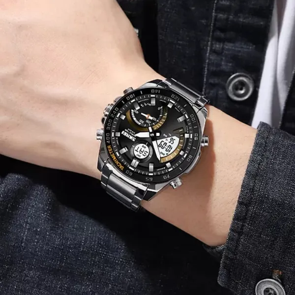 Skmei 1889 Dual Display Chronograph Stainless Steel Men's Watch – Dial Color: Brown, Strap Color: Silver – View 5