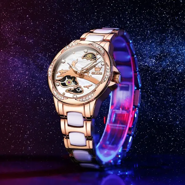 Olevs 6639 automatic mechanical ceramic wristwatch set gift for women – Dial Color: White, Strap Color: White – View 3