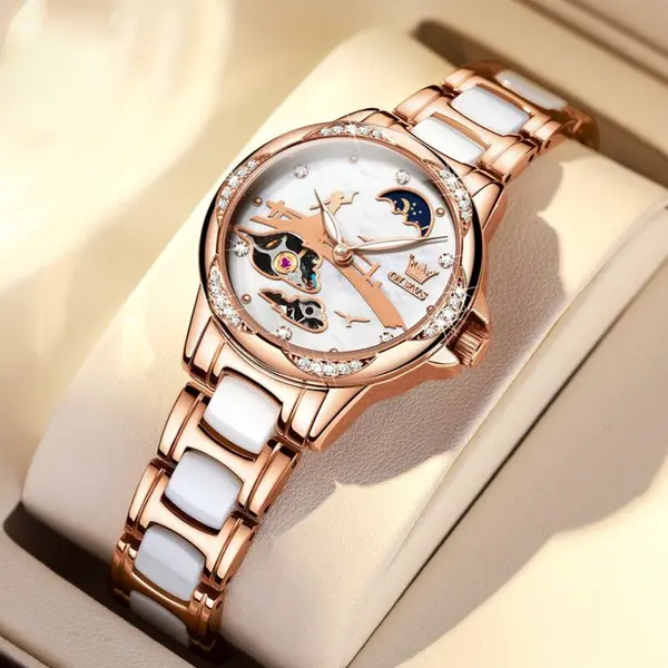 Olevs 6639 automatic mechanical ceramic wristwatch set gift for women – Dial Color: White, Strap Color: White – View 2