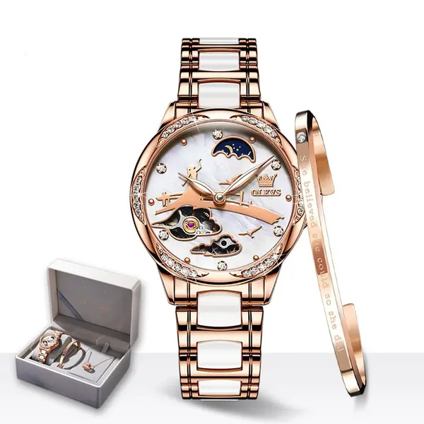 Olevs 6639 automatic mechanical ceramic wristwatch set gift for women – Dial Color: White, Strap Color: White – View 1