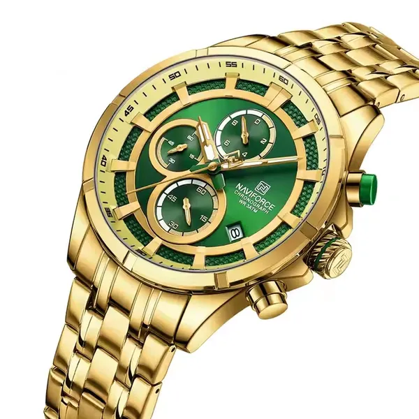 Naviforce 8046 Chronograph Stainless Steel Men Watch – Dial Color: Green, Strap Color: Gold  – View 2