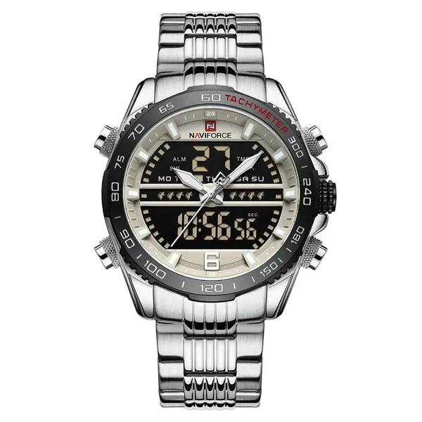 NAVIFORCE NF9195 Stainless Steel Dual Time Men's Watch – Dial Color: Grey, Strap Color: Silver – View 1