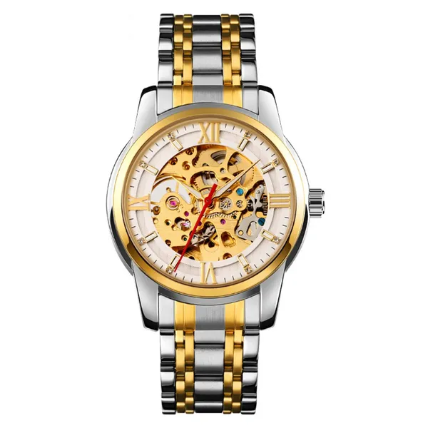 SKMEI 9222 Skeleton Hollow Automatic Mechanical Men's Watch – Dial Color: Gold, Strap Color: Silver – View 1