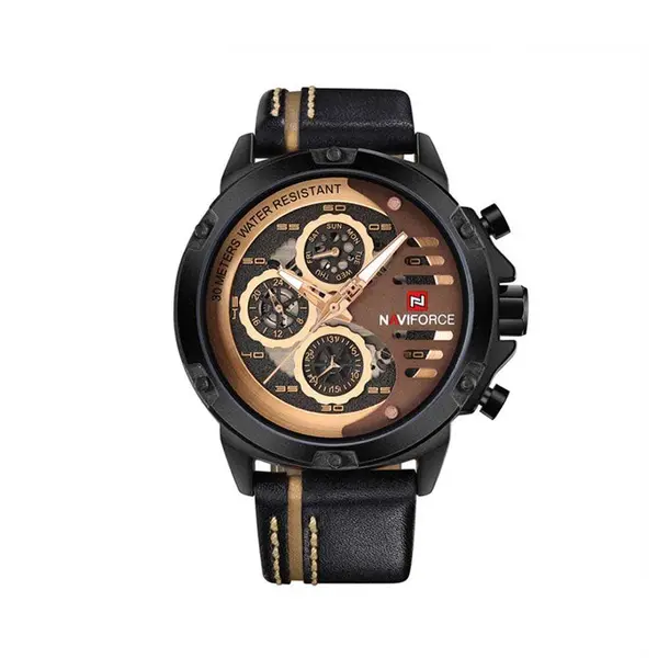 Naviforce NF9110L Genuine Leather Strap Six Hands Quartz Classic Men's Watch – Dial Color: Bronze, Strap Color: Black – View 1