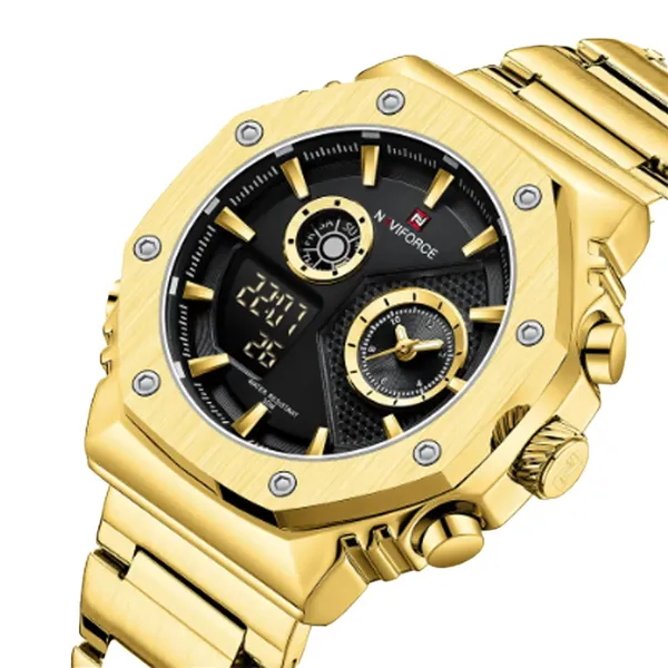 NAVIFORCE NF9216S Dual Time Display Analog Quartz Man's Watch – Dial Color: Black, Strap Color: Gold  – View 2