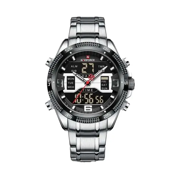 Naviforce NF9201 High Quality Stainless Steel Dual Movement Sport Fashion Men's Watch – Dial Color: Black, Strap Color: Silver – View 1