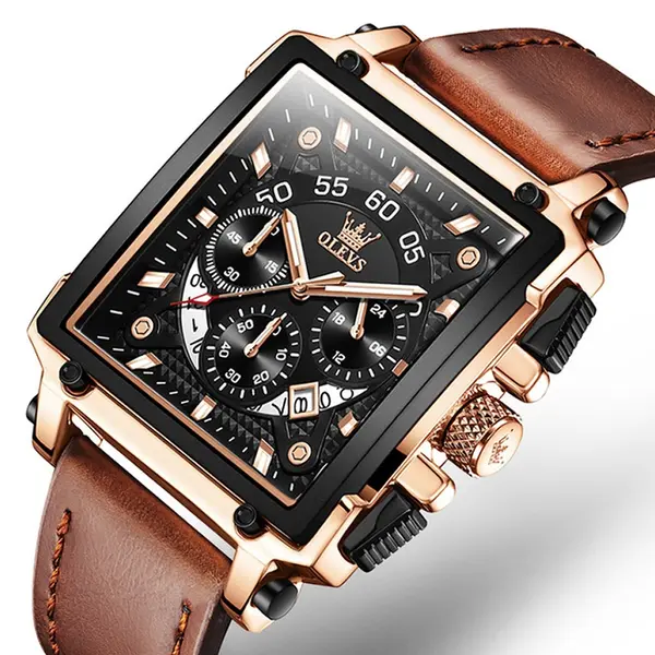 OLEVS 9919 Elite Sports Leather Strap Square Dial Chronograph Men's Analog Watch  – Dial Color: Black, Strap Color:  Brown  – View 1