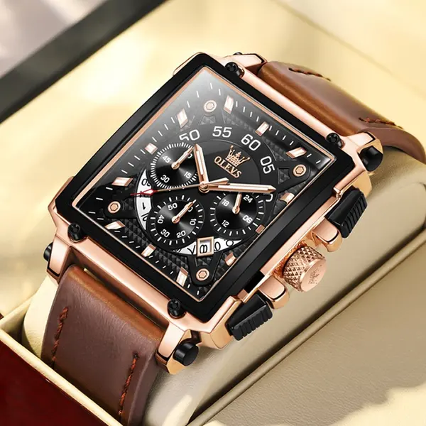OLEVS 9919 Elite Sports Leather Strap Square Dial Chronograph Men's Analog Watch  – Dial Color: Black, Strap Color:  Brown  – View 5