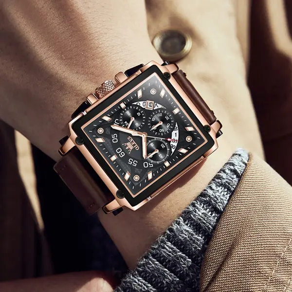 OLEVS 9919 Elite Sports Leather Strap Square Dial Chronograph Men's Analog Watch  – Dial Color: Black, Strap Color:  Brown  – View 4