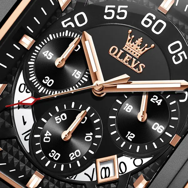 OLEVS 9919 Elite Sports Leather Strap Square Dial Chronograph Men's Analog Watch  – Dial Color: Black, Strap Color:  Brown  – View 2