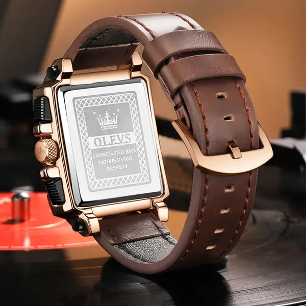 OLEVS 9919 Elite Sports Leather Strap Square Dial Chronograph Men's Analog Watch  – Dial Color: Black, Strap Color:  Brown  – View 3